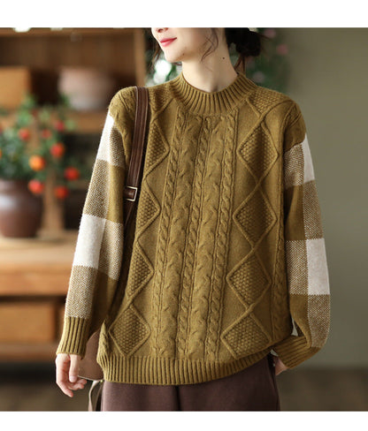 Retro Thick Jacquard Knit Color Block Three-dimensional Sweater