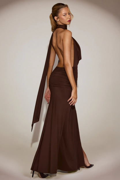 Stretch-Jersey Plunge Halterneck Maxi Dress in Chocolate Brown