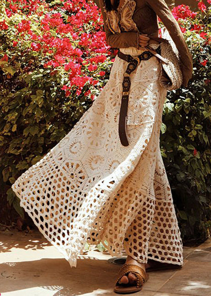 Bohemian Apricot Hollow Out Lace Elastic Waist Cotton Skirts Summer