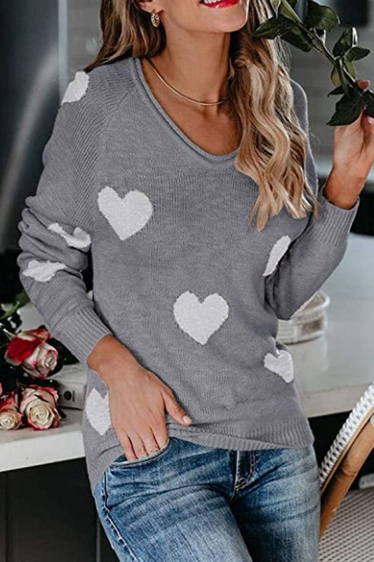 Heart Print V-Neck Knitted Sweater