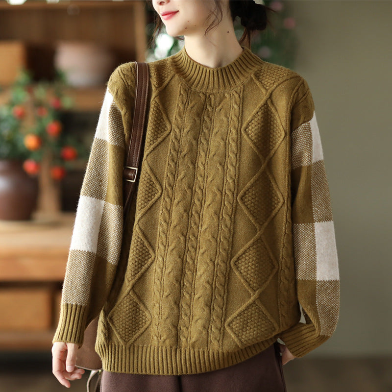 Retro Thick Jacquard Knit Color Block Three-dimensional Sweater