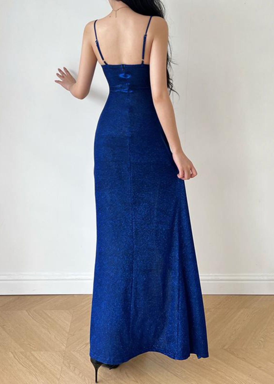 Slim Fit Blue Front Open Solid Spaghetti Strap Dress Sleeveless