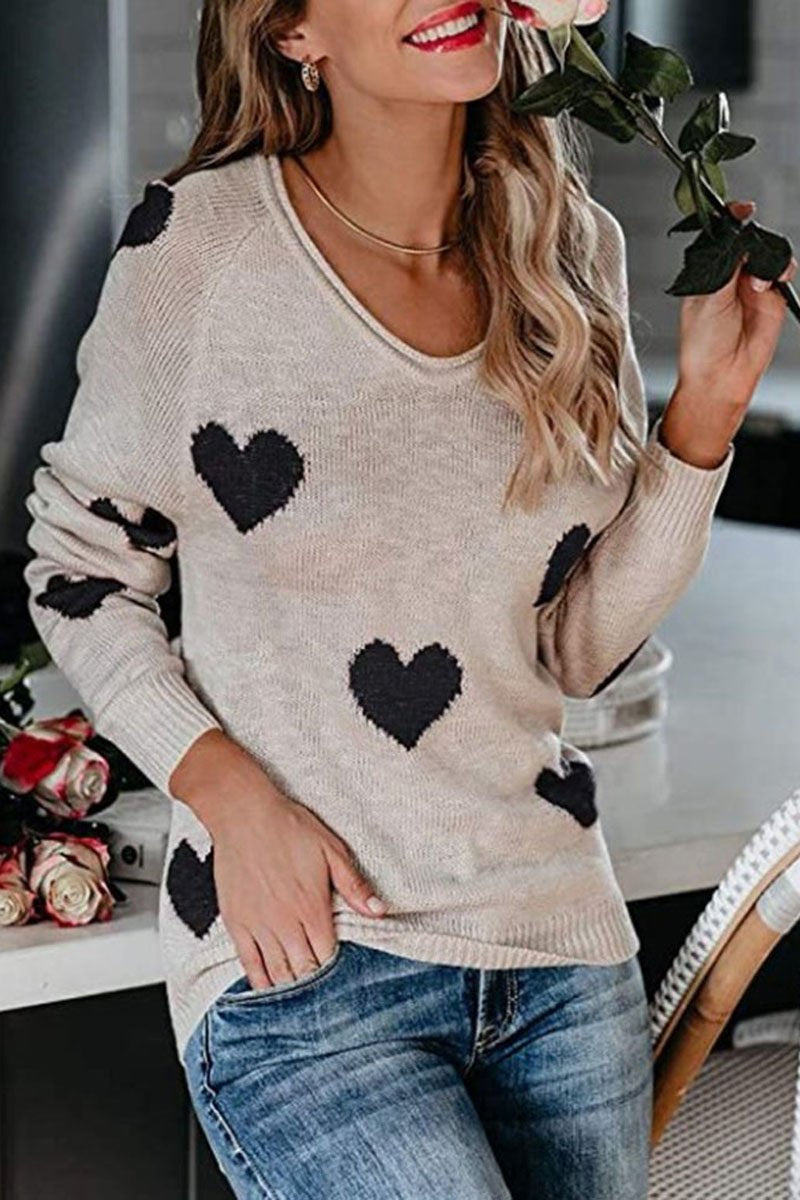 Heart Print V-Neck Knitted Sweater