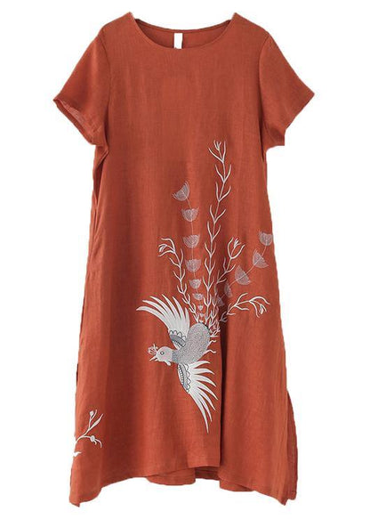 Fashion Orange phoenix Embroideried Linen side open Summer Long Dress