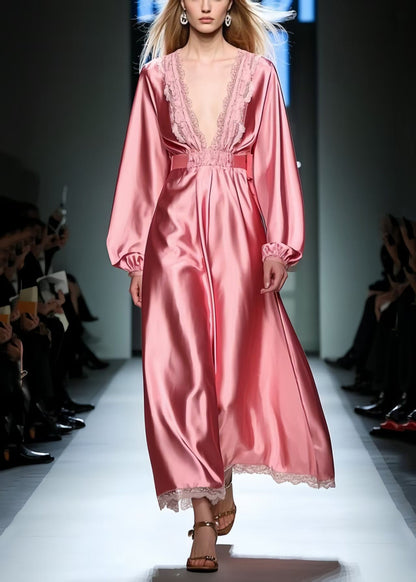 Classy Pink V Neck Patchwork Lace Long Dress Spring