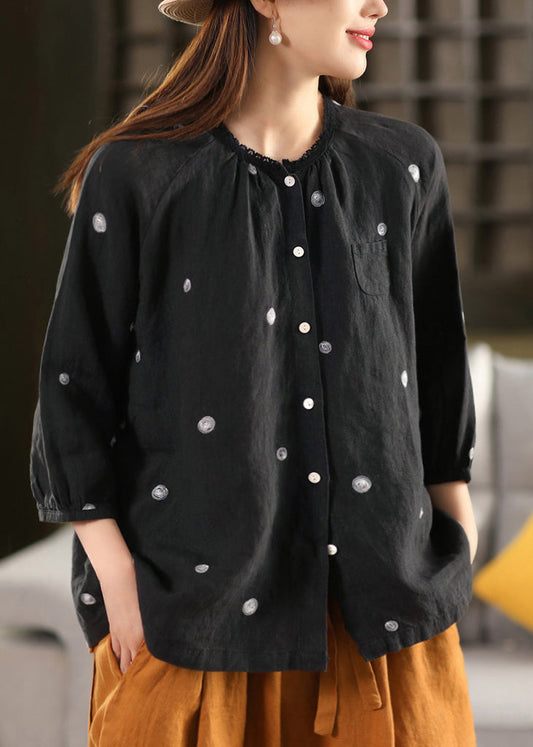 Vintage Black Embroidered Button Linen Blouse Top Summer