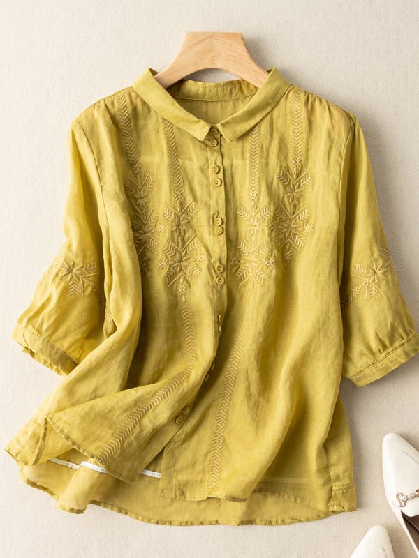 Embroidered Half Sleeve Casual Linen Shirt Top