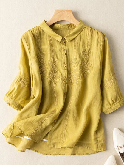 Embroidered Half Sleeve Casual Linen Shirt Top