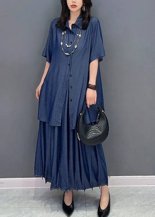 Natural Blue Peter Pan Collar Button Solid Shirts And Maxi Skirts Two Piece Set Summer