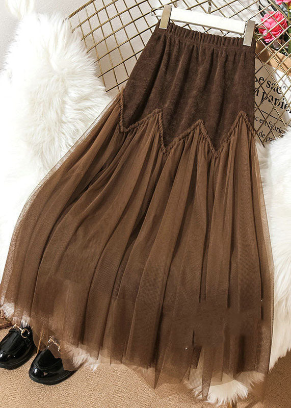 Boho Coffee High Waist Patchwork Corduroy Wrinkled Tulle Skirt Spring