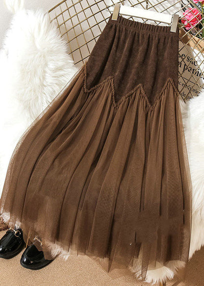 Boho Coffee High Waist Patchwork Corduroy Wrinkled Tulle Skirt Spring