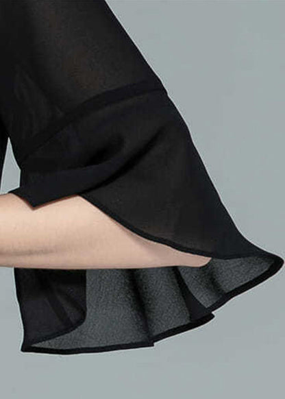 Black Wrinkled Solid Chiffon Shirts V Neck Half Sleeve