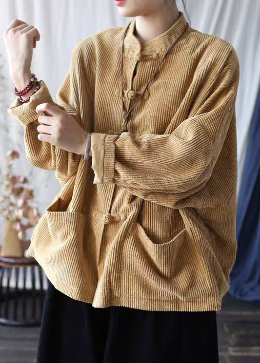Vintage Blue Pockets Chinese Button Corduroy Jacket Spring