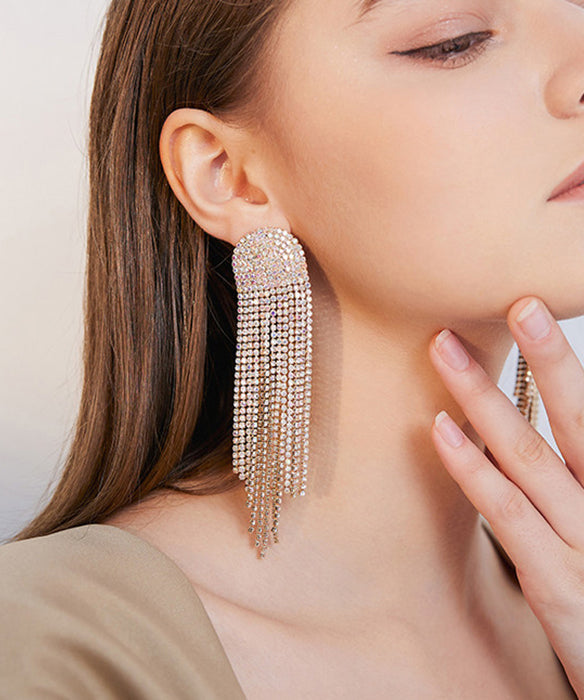 Beautiful Gold Zircon Tassels Silver Drop Earrings