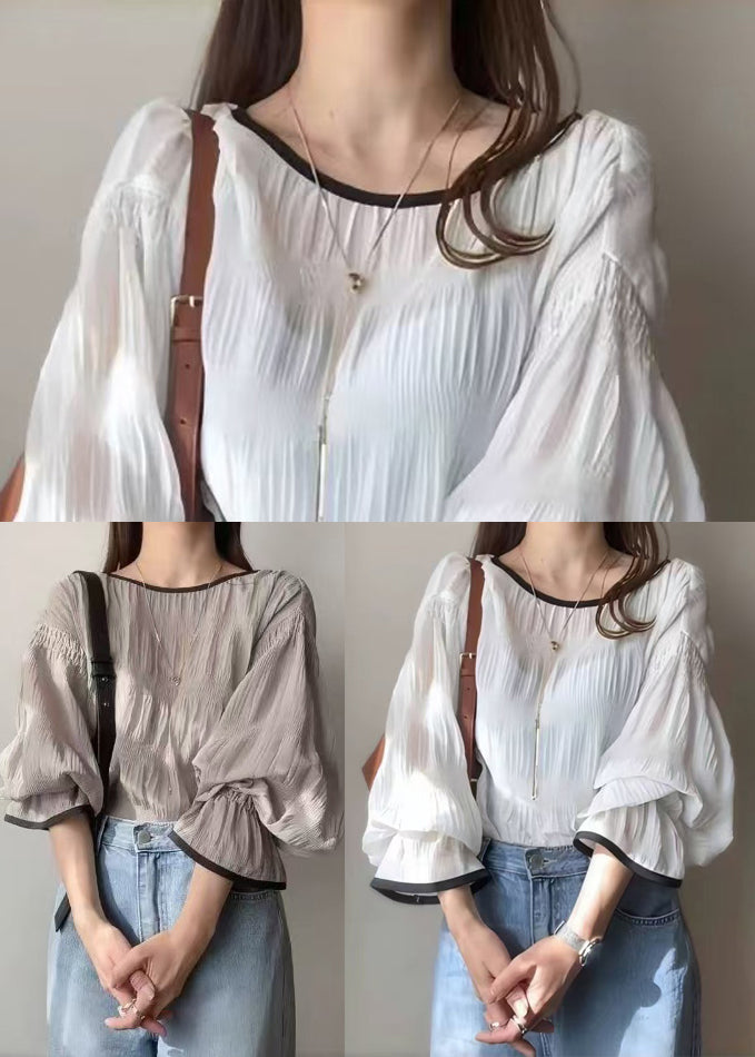 Elegant White Oversized Chiffon Shirt Tops Lantern Sleeve