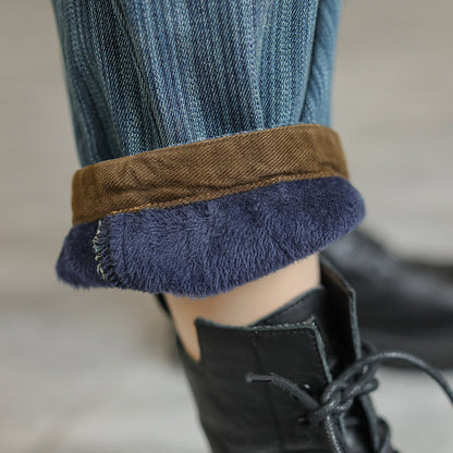 Winter Fashion Patchwork Stripe Furred Harem Jeans