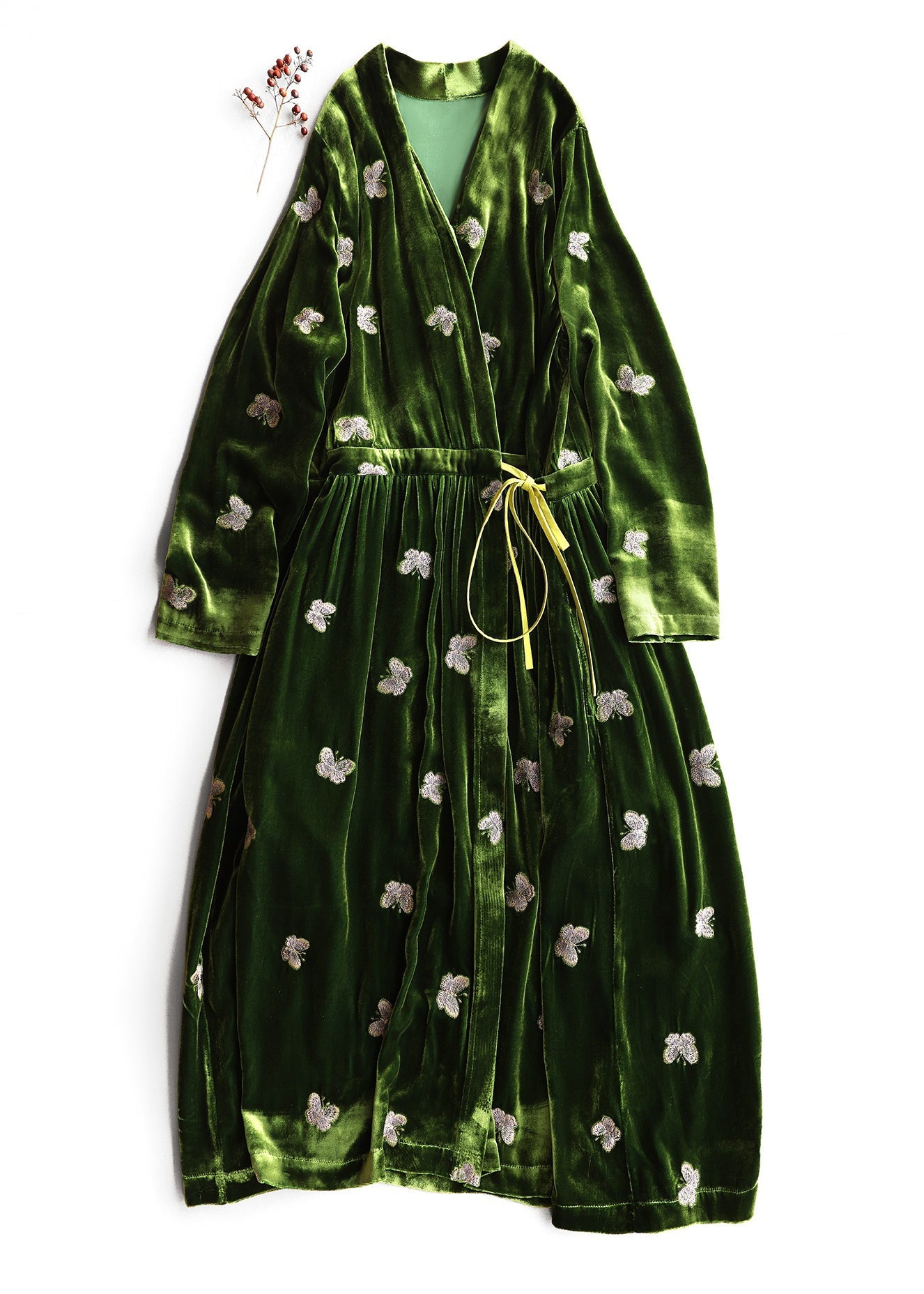 Loose Green Print Butterfly Lace Up Silk Velvet Long Dress Fall