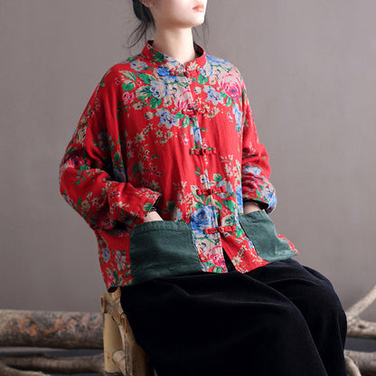 Vintage Blouse Stand Collar Large Flower Long-Sleeved Jacket