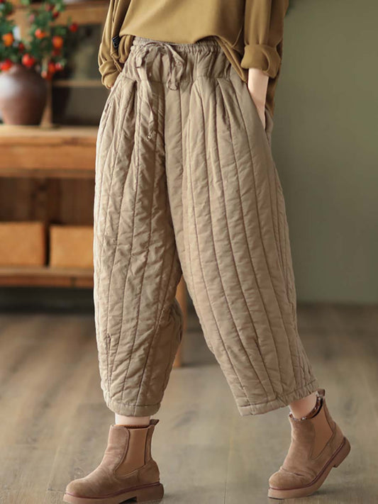 Women Striped Solid Pocket Elastic Waist Harm Pants