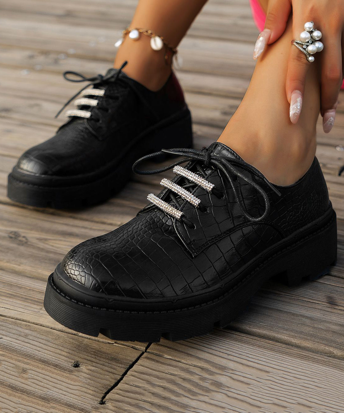 New Black Round Head Lace Up Faux Leather