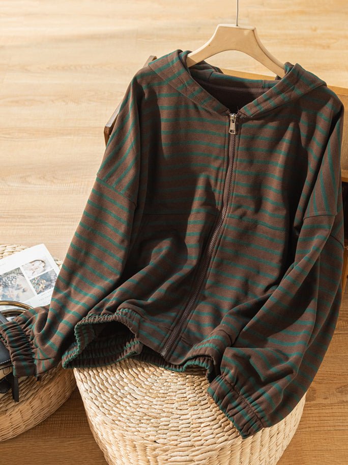100% Natural Material Striped Zipper Literary Retro Hoodie Coat