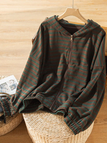 100% Natural Material Striped Zipper Literary Retro Hoodie Coat
