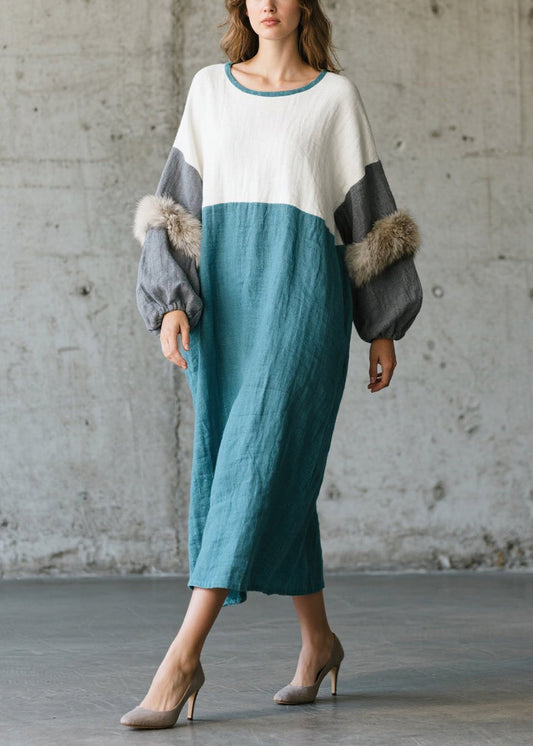 Chic Colorblock Oversized Patchwork Faux Fur Ankle Dress Fall