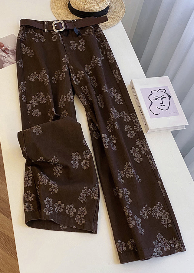 Vintage Coffee Print Pockets High Waist Denim Straight Pants Fall