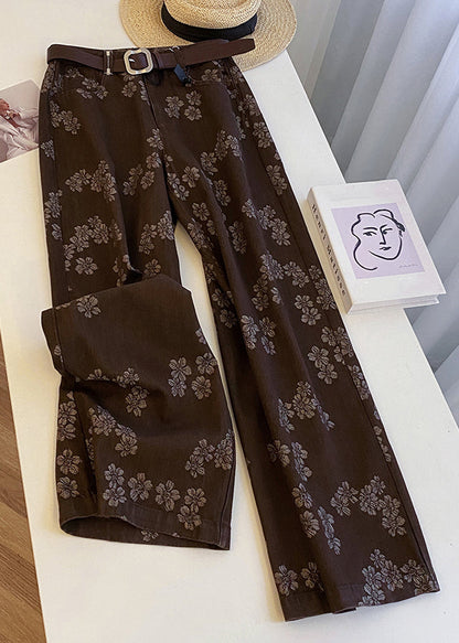 Vintage Coffee Print Pockets High Waist Denim Straight Pants Fall