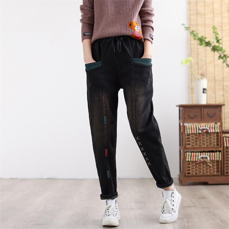 Women Winter Thicken Retro Embroidered Patchwork Elastic Jeans
