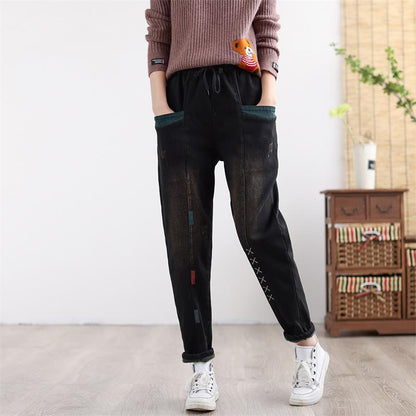 Women Winter Thicken Retro Embroidered Patchwork Elastic Jeans