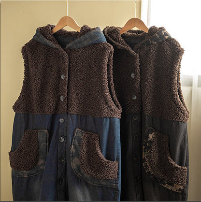 Lamb Wool Panel Denim Mid-Length Vest Jacket