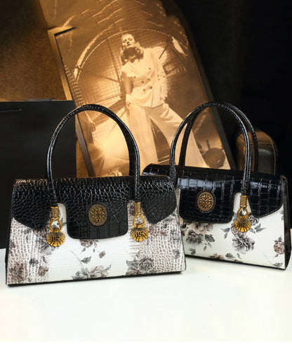 Handmade White Print Solid Durable Faux Leather Tote Handbag