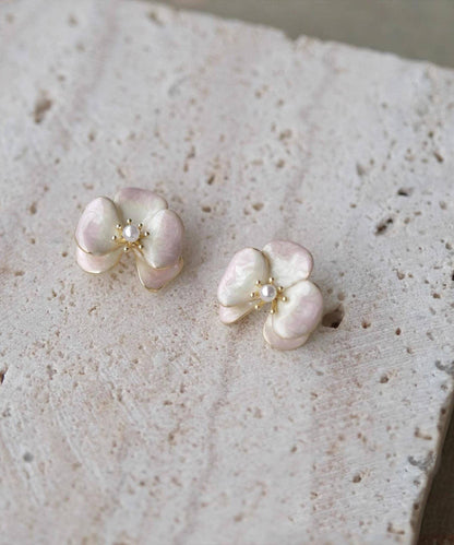Gradient Color Pink Copper Overgild Pearl Floral Stud Earrings
