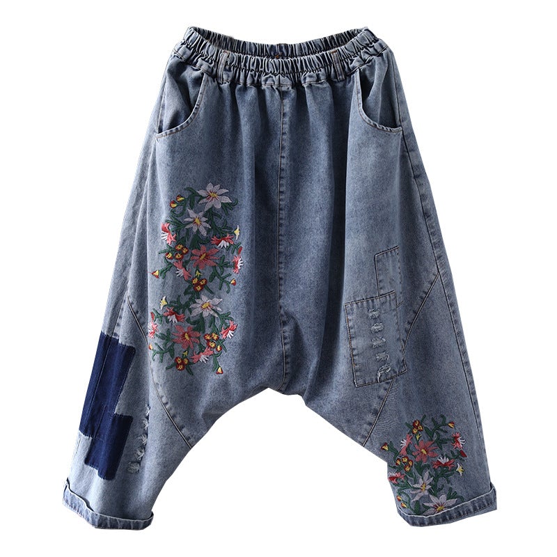 Denim Floral Pocket Low Drop Crotch Embroidered Jeans