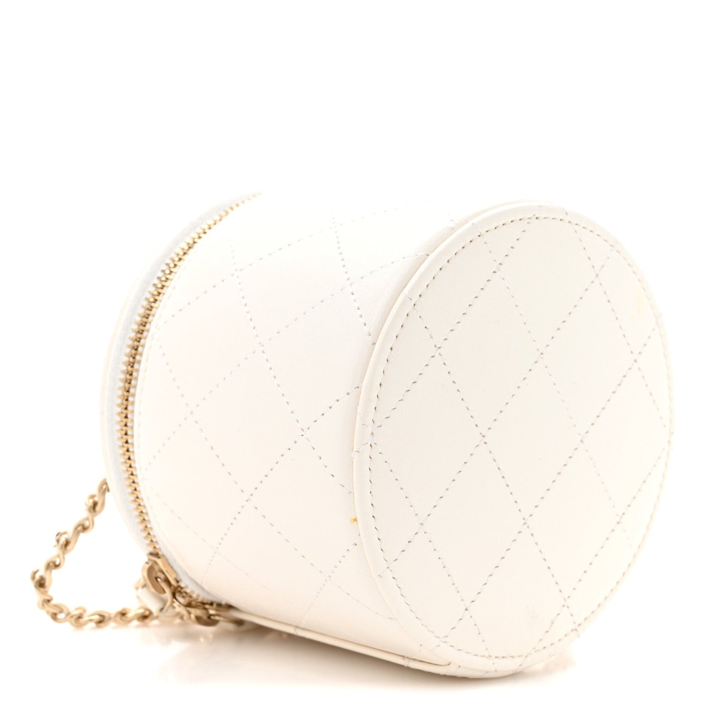 Lambskin Quilted Round Small Vanity Case With Chain White Black