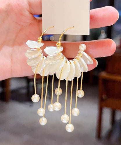 Fashion Gold Copper Alloy Pearl Petals Tassel Drop Earrings