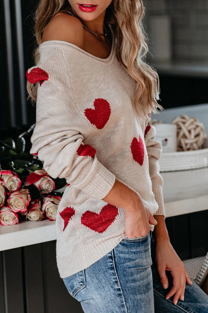 Heart Print V-Neck Knitted Sweater