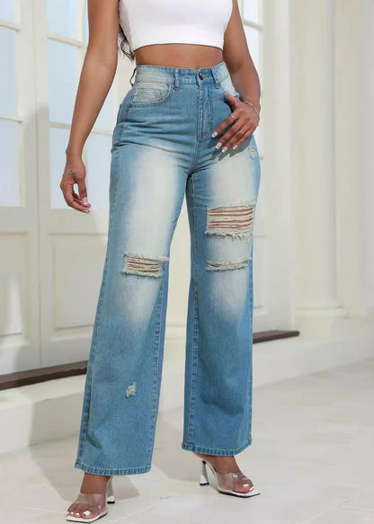 Stylish Blue Hole High Waist Denim Wide Leg Pants Summer