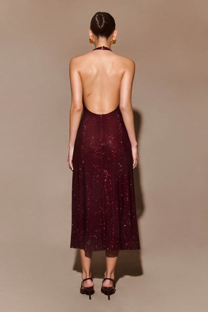 Sexy Halter Deep V-neck Backless Rhinestone Dress