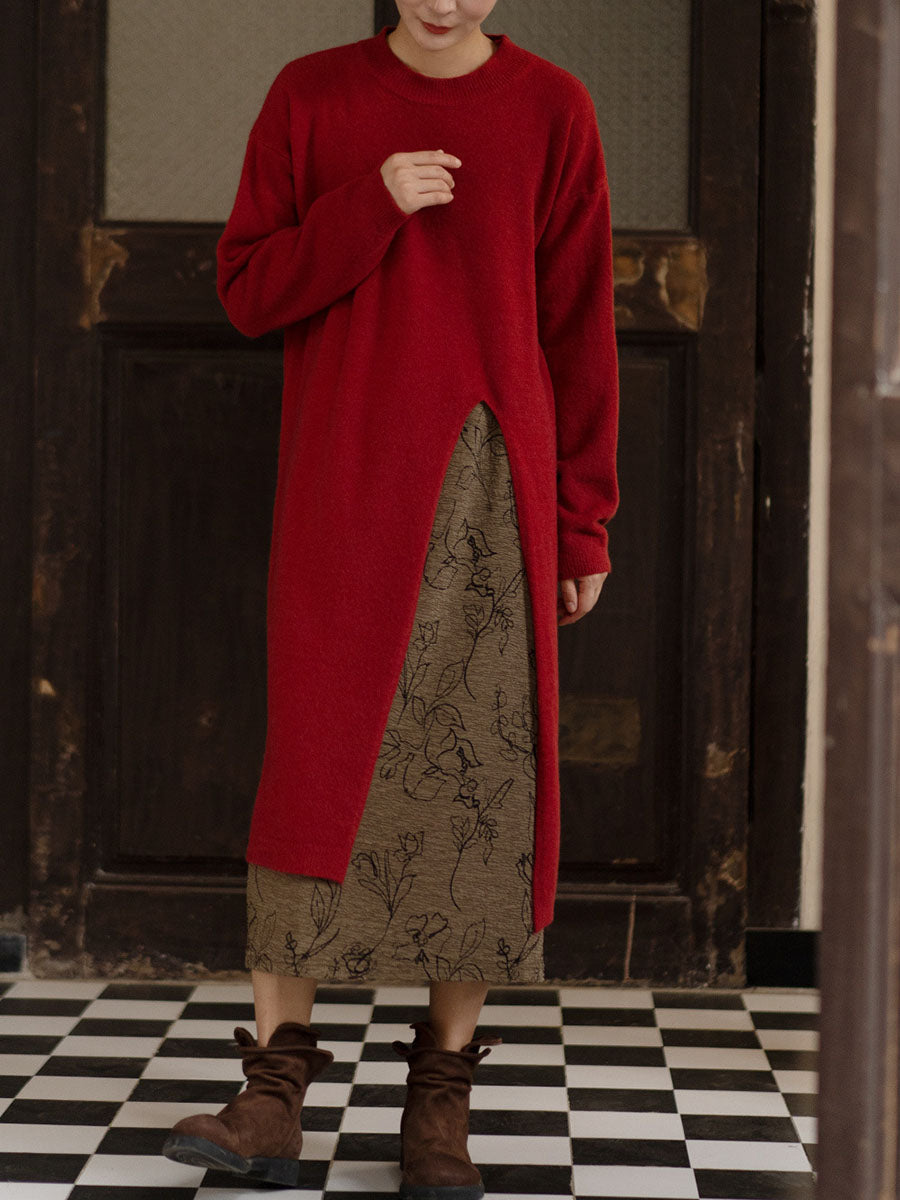 Women Winter Artsy Split Hem Solid Long Sweater Dress