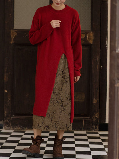 Women Winter Artsy Split Hem Solid Long Sweater Dress