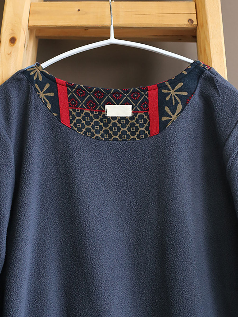 Women Winter Vintage Ethnic Pocket Print Loose Dress