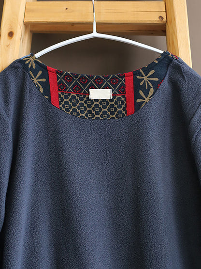 Women Winter Vintage Ethnic Pocket Print Loose Dress