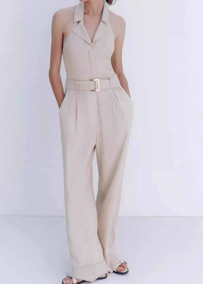 Elegant Beige Halter Pockets Cotton Jumpsuit Sleeveless