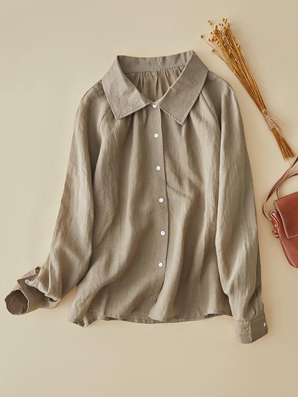 100% Linen Lapel Casual Loose Shirt In One-Size In Solid Color