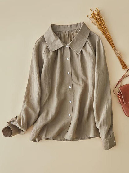 100% Linen Lapel Casual Loose Shirt In One-Size In Solid Color