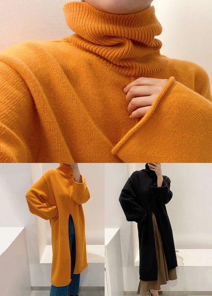 Black Front Open Solid Knit Winter Sweater Dress Turtleneck