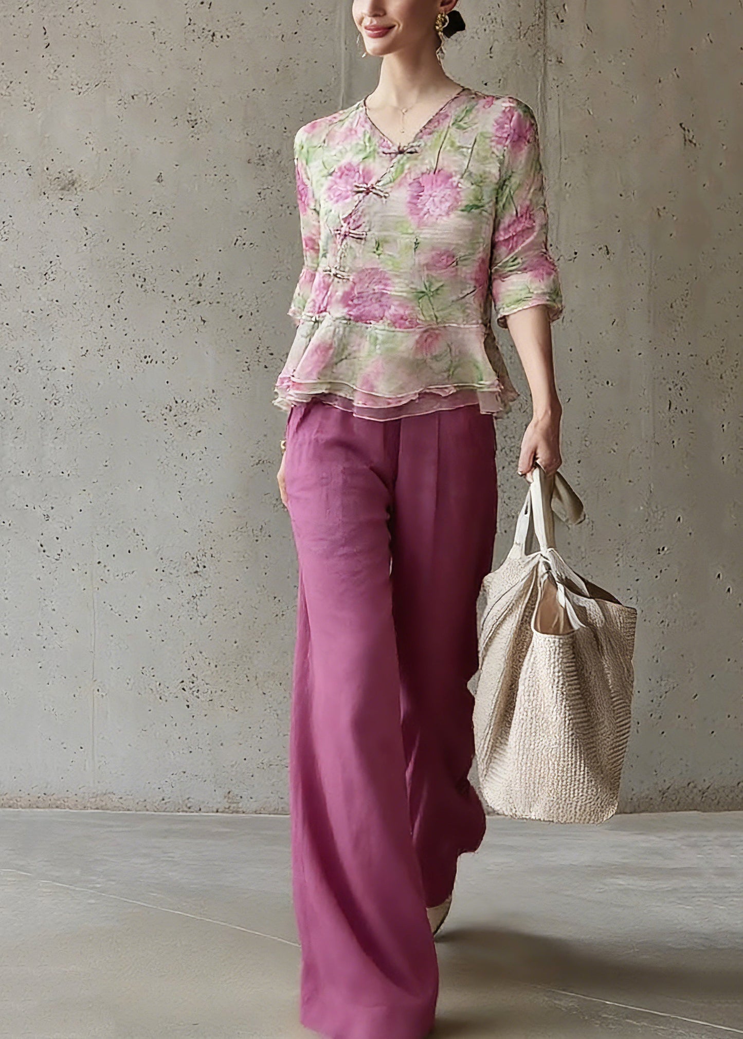 Natural V Neck Print Top And Pants Two Pieces Set Spring