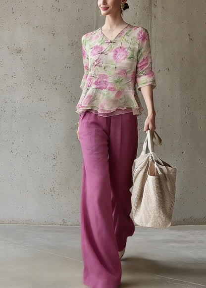 Natural V Neck Print Top And Pants Two Pieces Set Spring